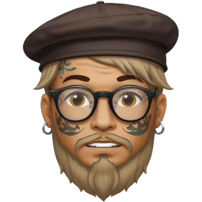 very tattoed face, normal glassess, fat venice gondolier with iconic hat and thick hair emoji