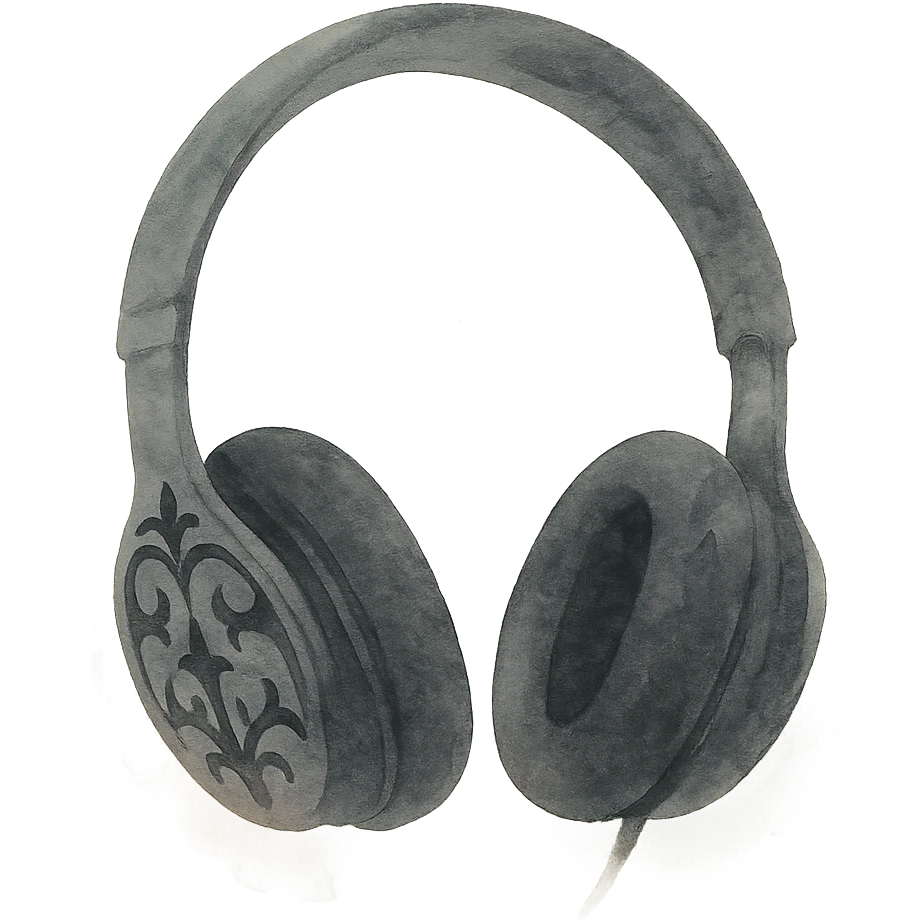 black gothic headphones with soft black washes and delicate gothic patterns, watercolor art style emoji