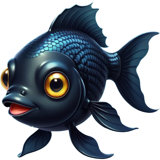 Cinematic Cute Black Goldfish Portrait Emoji, Head tilted playfully and inquisitively, featuring a glossy, deep black body with shimmering scales and round, sparkling golden eyes filled with curiosity, Simplified yet irresistibly adorable features, highly detailed, glowing with a warm, friendly glow, high shine, affectionate and lively, stylized with a touch of whimsy, bright and endearing, soft glowing outline, capturing the essence of a mischievous yet loving goldfish, so playful it feels like it could swim out of the screen and into your heart! emoji