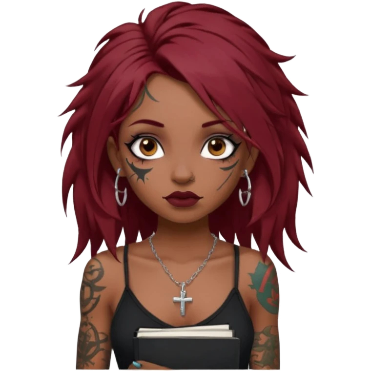 generate an ios genmoji of a dusky girl with long dark red messy hair with eyeliner on her eyes. septum piercing, wearing a cami black top, has tattoos, on shoulders. ear piercings. wearing a cross silver necklace. carrying a lot of sketchbooks


no tattoos on face emoji