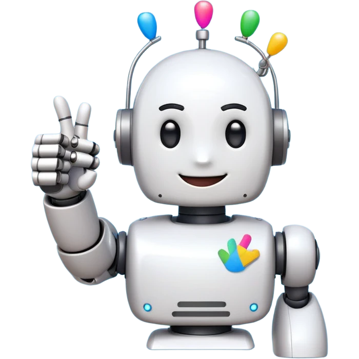 cute 2D cartoon emoji of a robot hand giving a thumbs up, with a small 'AI' badge and colorful confetti, signaling AI assistance in a lighthearted style, in the style of standard Slack emojis emoji