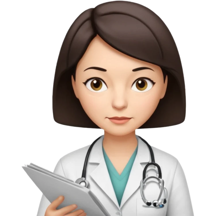 A female doctor in her 50s with visible facial wrinkles, dark brown short bob hair, her body turned slightly at an angle, with her gaze clearly directed downward and fixed on the medical chart she is reviewing. emoji