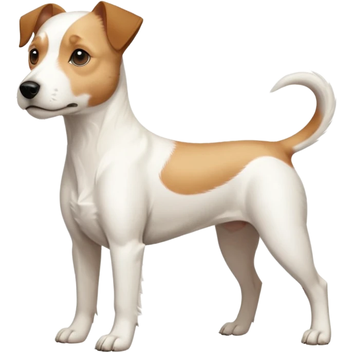 a full body buff white parson russell terrier looking dog the size of a kelpie with light brown long ears and a light brown patch on one eye and a large snout. the rest of the dog is completely white. forward facing emoji