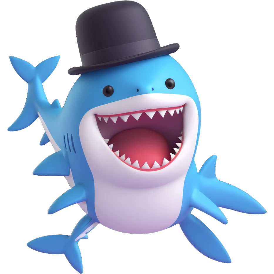 cute shark with a black top hat, friendly expression emoji