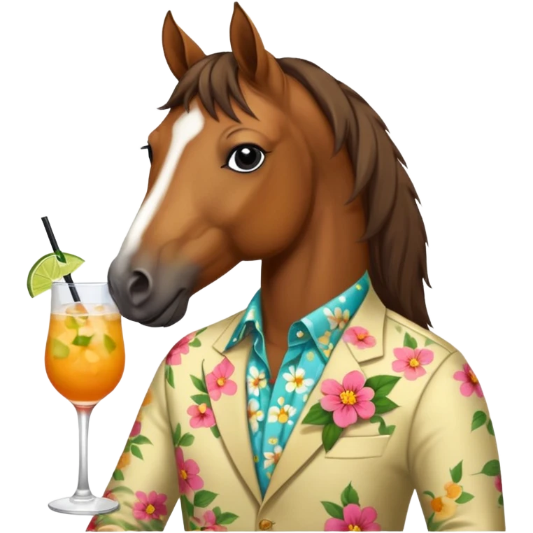  horse with flowered shirt character holding cocktail emoji