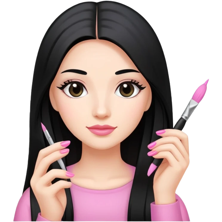 Pink Nail Tech with black long hair holding small acrylic brush emoji
