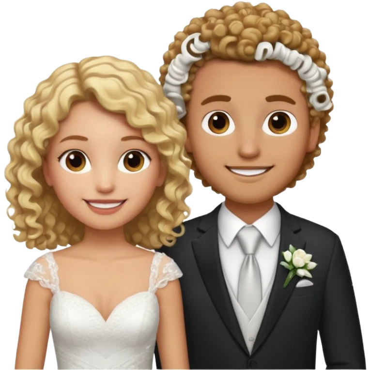 Blonde girl with light brown skin in wedding dress curly hair with white men next too her with a suit on and straight brown  hair smiling  emoji