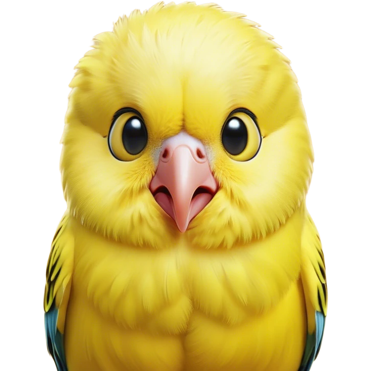 Cinematic Comical Yellow Budgie Portrait Emoji, Head tilted dramatically with an exaggeratedly amused expression, featuring a striking yellow feathered fur with a glossy finish, wide, expressive dark eyes filled with playful disbelief, Simplified yet hilariously expressive features, highly detailed, glowing with a slightly sassy glow, high shine, dramatic yet playful, stylized with an air of cheeky mischief, bright and endearing, soft glowing outline, capturing the essence of a spirited and over-the-top budgie, so meme-worthy it feels like it could side-eye its way into internet fame instantly! emoji