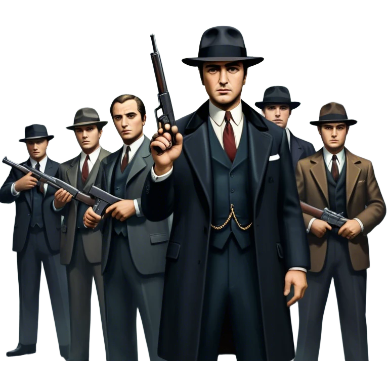Vintage noir poster with Don Corleone surrounded by gangsters holding Thompson submachine guns. Dark and moody atmosphere with shadows, suits, and a mysterious vibe. Background features New York skyscrapers, adding to the gritty, classic gangster film feel. Transparent background. emoji