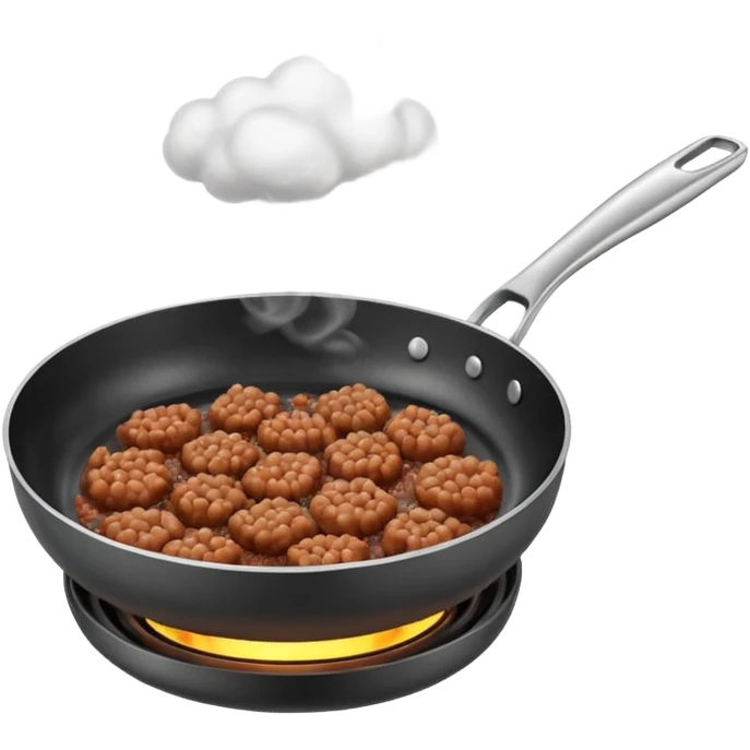 A 3D cartoon frying pan with minced meat being cooked, slight steam, realistic texture, Memoji-style. emoji
