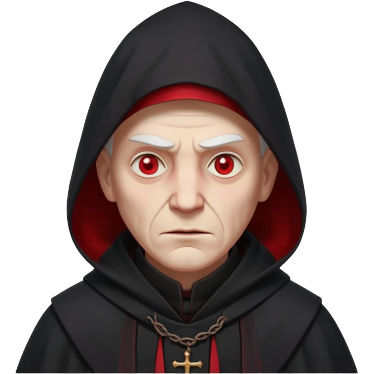 cursed village priest portrait, head and shoulders only, dark hooded robe, mysterious expression, subtle red accents, eerie glow, gothic village atmosphere, 3D cartoon, mobile game icon style, clean background, no text, no watermark

 emoji
