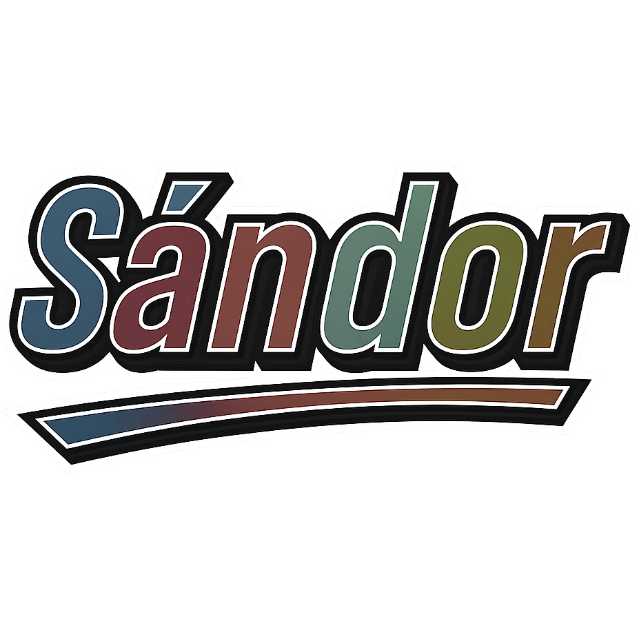 Text image of the name 'Sándor' in a masculine, modern, gradient font with precise Hungarian characters, dark contour, extra thick, prominent white border as in sample images, dynamic slanted underline, masculine color shades (blue, gray, burgundy, green, brown), 1000x1000 px, PNG, transparent background. emoji