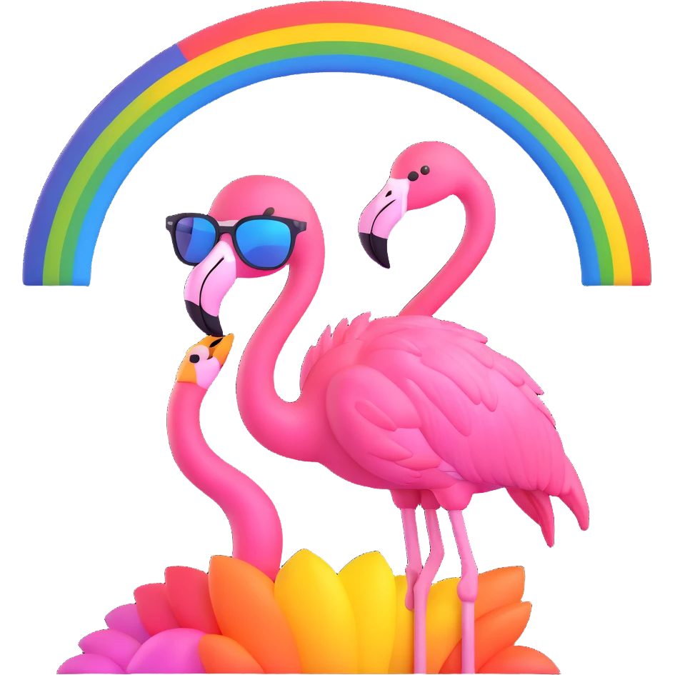 flamingo with sunglasses under a rainbow emoji