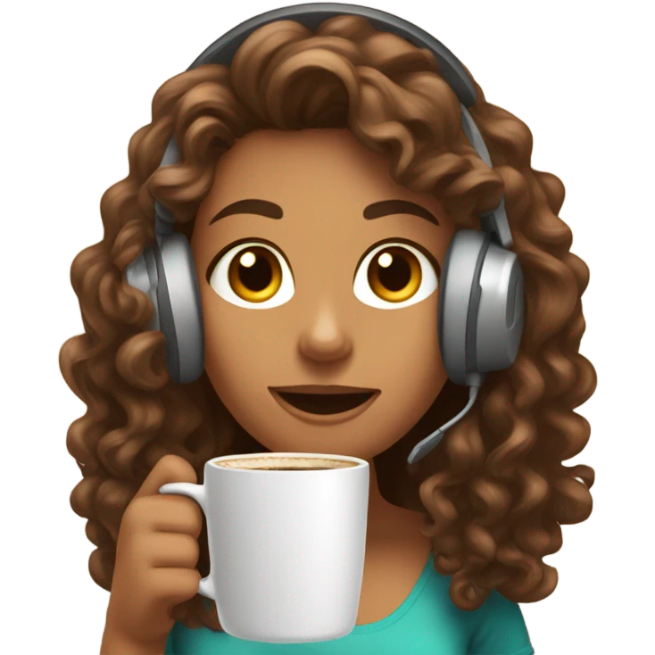 Tanned girl with long curly hair with gaming headset and coffee emoji