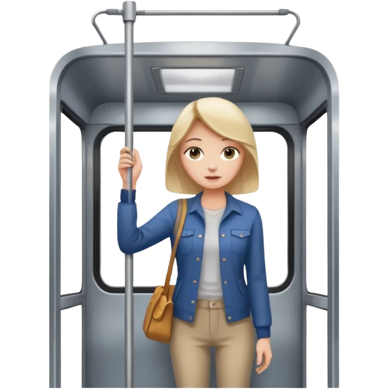 a young woman standing inside a modern train carriage. one hand is holding a vertical pole emoji