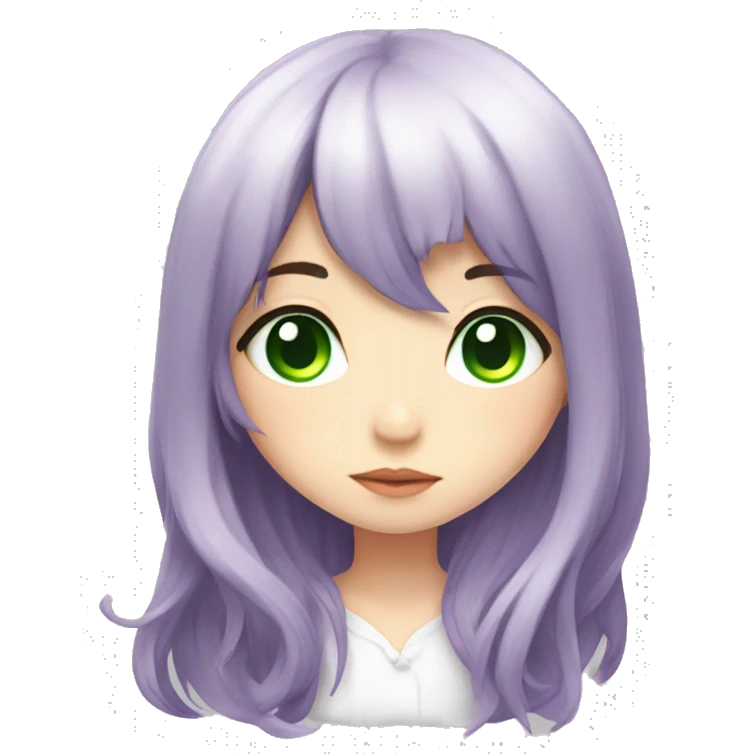 Purple long Haired women,the bangs goes up, white blouse,  green eyes, anime, chibi emoji