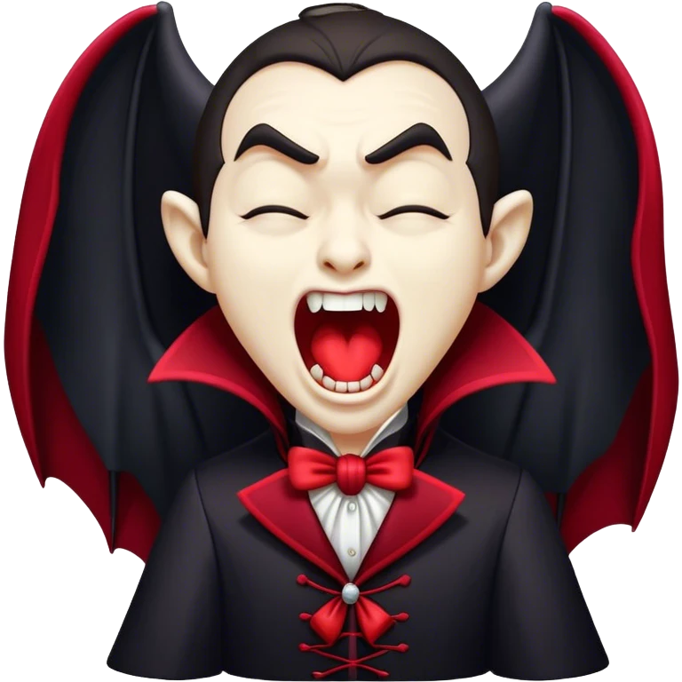 Cinematic Cute Yawning Vampire Portrait Emoji, with a small, rounded, charming pale face accented with tiny playful fangs and droopy, half-closed eyes, head tilted in an adorable wide yawn, dressed in miniature elegant dark attire with a hint of crimson, simplified yet irresistibly endearing, highly detailed with a soft, mysterious glow and gentle outline that captures the cute, drowsy side of an immortal! emoji