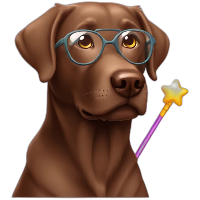 Labrador Retriver chocolate color whit a magic wand and glasses emoji