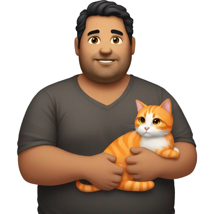 Dark haired overweight man holding large orange cat emoji