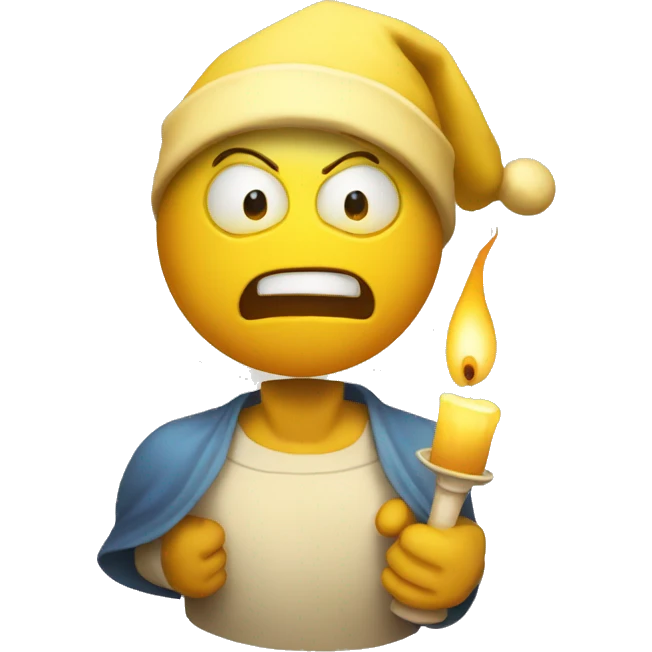 An angry yellow circle emoji wearing a nightcap and holding a candle emoji