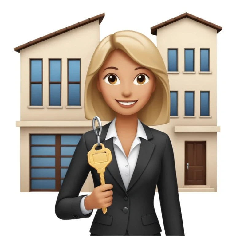 woman realtor in a suit, smiling, holding house keys, modern Dubai townhouse behind her emoji