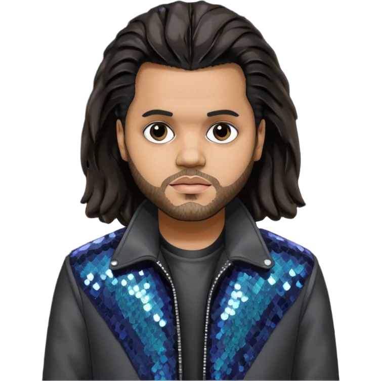 The Weeknd with long dark brown hair, dark gray sequin outfit  emoji