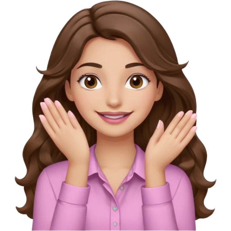 girl with wavy long brown hair, brown eyes, light to medium complexion, long lashes, light pink lipstick, wearing light pink shirt, smiling, hands covering over the eyes emoji