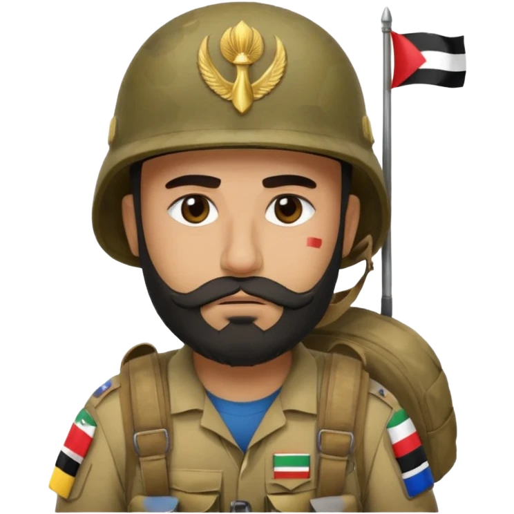 A very tired and sad, swarthy Iraqi soldier with a beard, an Iraqi flag on his helmet, a sad expression and bags under his eyes emoji