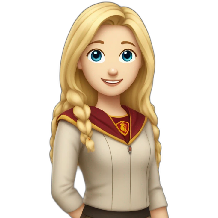 Emoji of a blonde girl with blue eyes, who is studying at Gryffindor House, expressing happy emoji