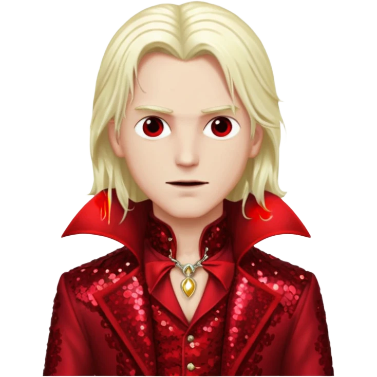 Alucard, Son of Dracula with long platinum blonde hair, dark red sequin outfit  emoji