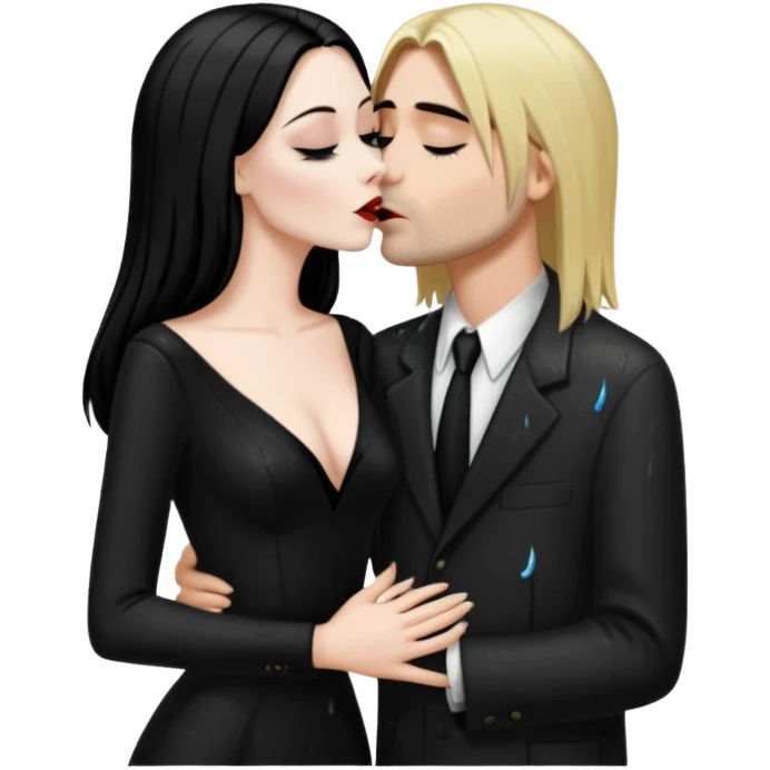 Realistic morticia addams kissing sweetly Kurt Cobain in the rain. emoji