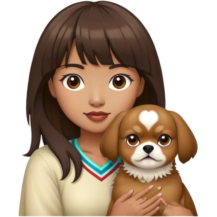 filipina with bangs holding a tibetan spaniel emoji