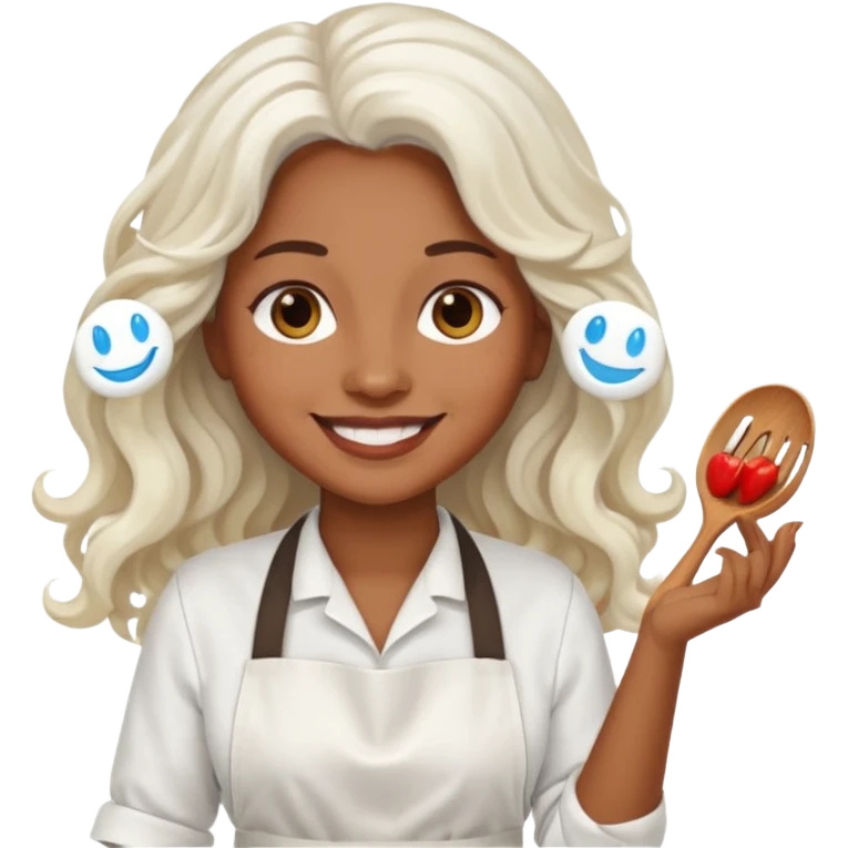 woman, brown skin, white long wavy hair, with apron emoji