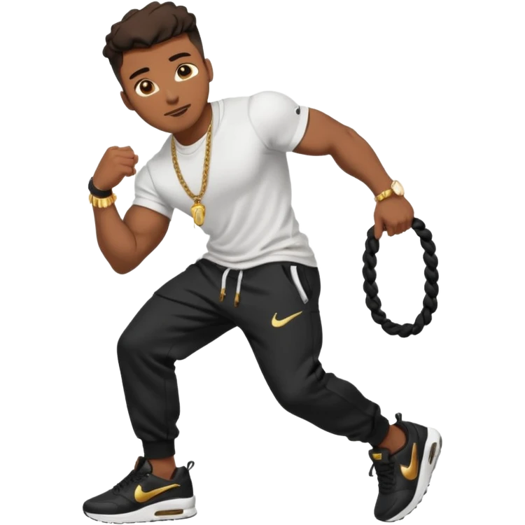 Handsome Black guy with brown skin tone, with muscular build, wearing black sweatpants, a white t-shirt, black Nike air max, a small gold rope chain, and a gold watch  emoji