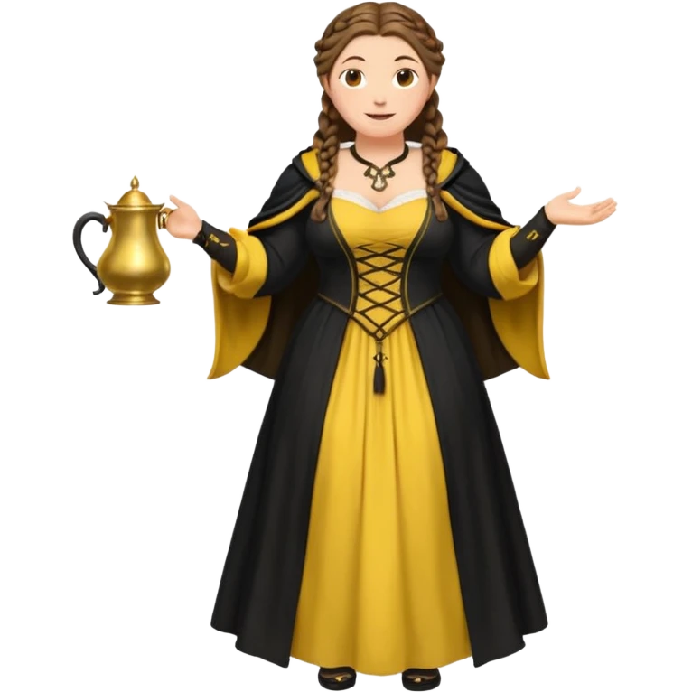 Helga Hufflepuff,brown-haired,2 braids,yellow-black medieval open dress,deep neckline,fat macromastia,black cloak decorated with gold braiding,gold cup with two handles,very kind smile,curvy busty sweet woman,round rosy cheeks,full length with medieval shoes emoji