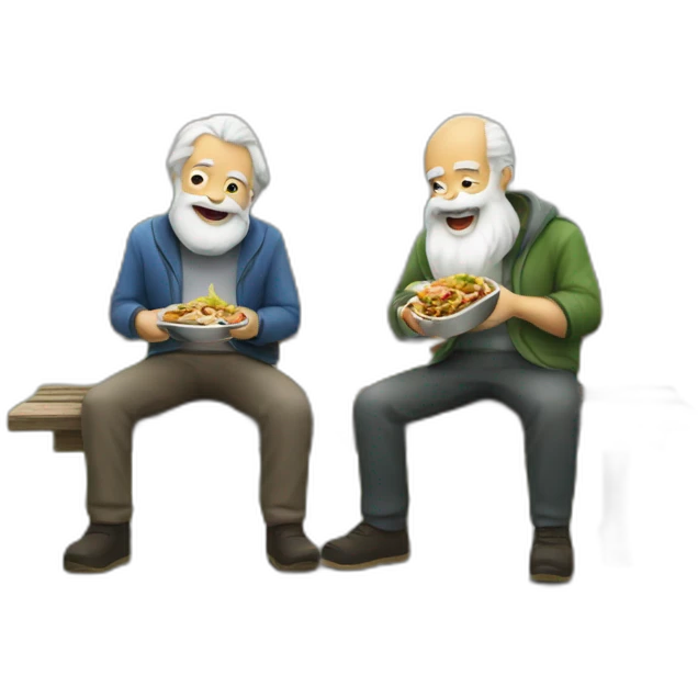 two old beard men eating shawarma on a bench on a park emoji