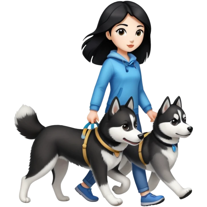 A black-haired girl walks a black and white husky emoji