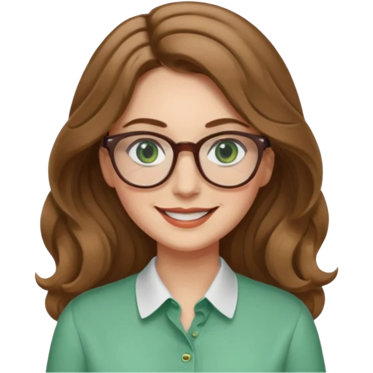 long wavy light brown hair woman with green eyes and glasses smiling closed mouth. middle part hair. medium thick eye brows emoji