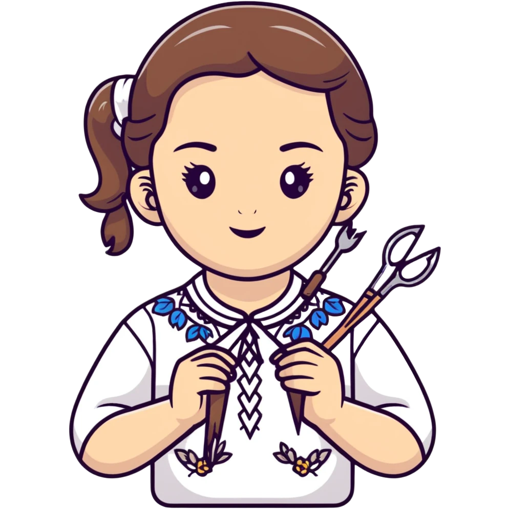 Ukrainian young girl in white embroidered traditional shirt holding needlework tools emoji