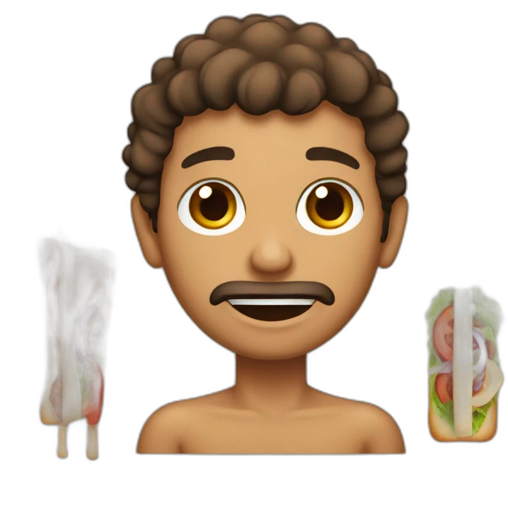 a brown skinned man, emaciated face with short curly hair eating a kebab emoji