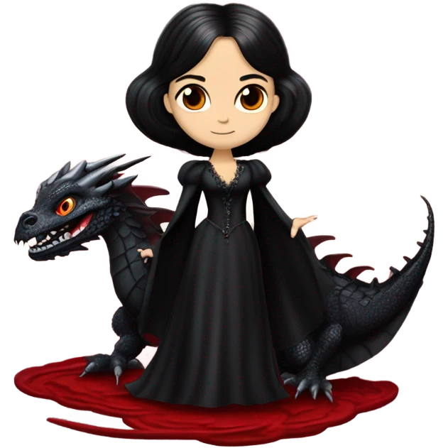 Lavish Victorian evening gown with gloves, Jenna Ortega as Morticia Addams Jedi wearing a mini tiara, riding on the back of a very large blood red evil-looking horned firedragon emoji