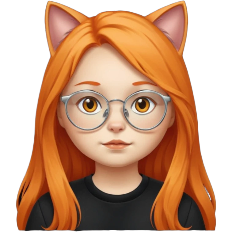 girl with chubby cheeks, very long orange hair, and silver cat-eyed glasses. B lack clothes.  emoji