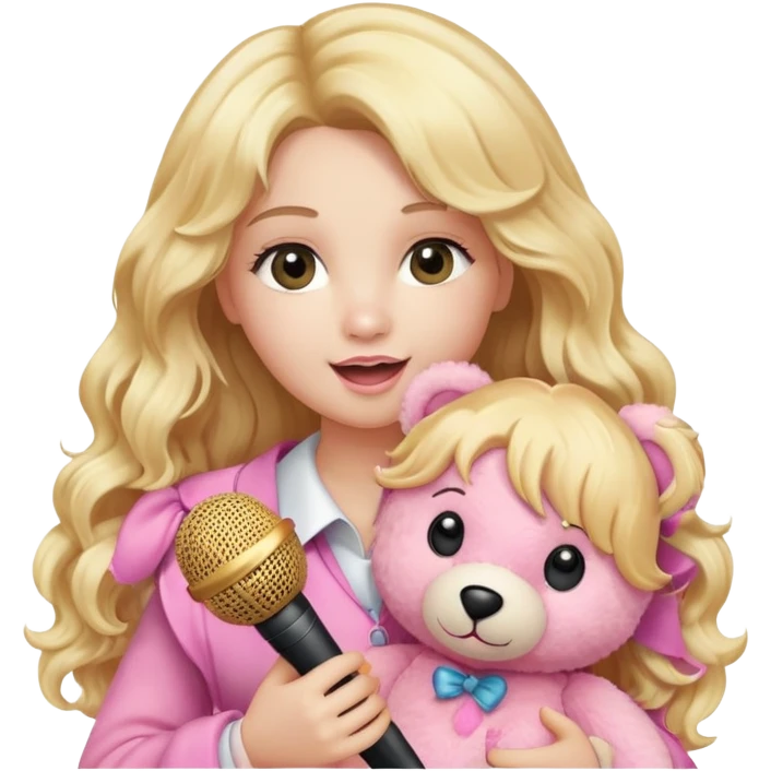 An emoji of a blonde female singer holding a plush pink teddy bear. She has long, wavy golden hair and is singing into a microphone with a passionate expression. The pink teddy bear is soft and fluffy, adding a cute and playful touch. A mix of glamour and sweetness emoji