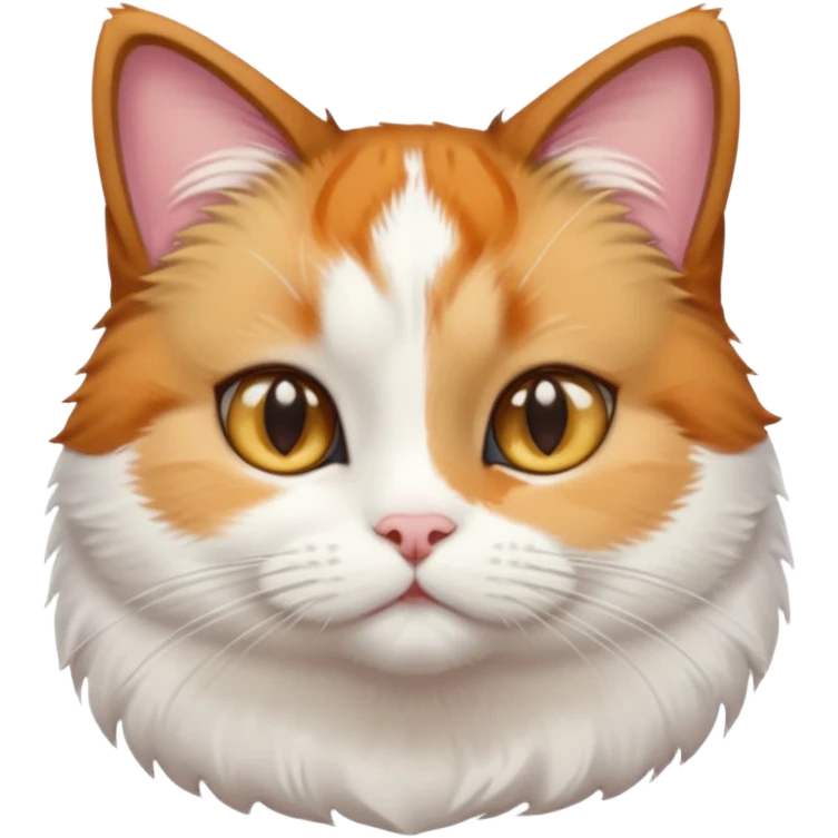 calico and white cat with small head, hazel eyes, and short but chubby body emoji