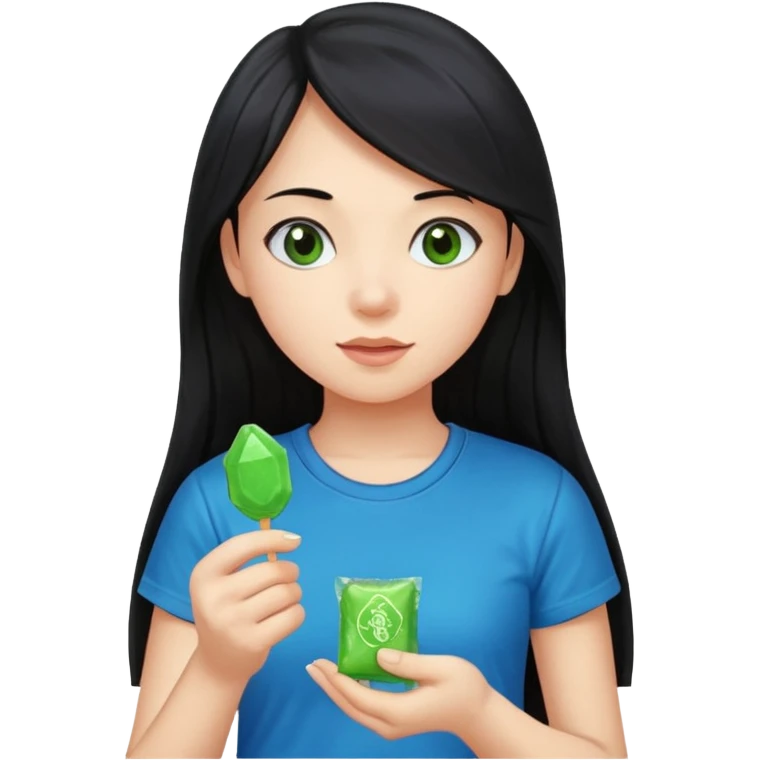 A girl with long black hair wearing a blue t-shirt holding a piece of green hard candy in one hand and a green candy wrapper showing a guava on it in the other hand emoji
