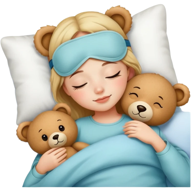 A girl Wearing a cute sleep mask is sleeping with a teddy emoji