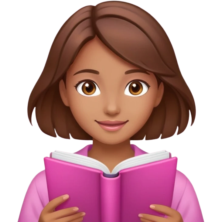  happy beautiful girl brown hair that is more valuable then corals studying with a cute pink aura behind here  emoji