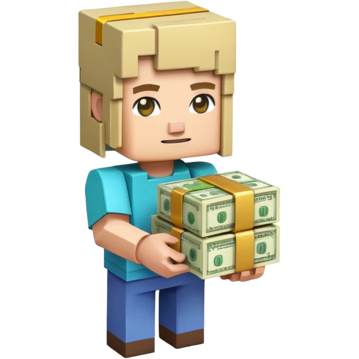 emoji style icon, minecraft blocky character holding a stack of money, pixel art style, bright colors, simple background, 3D glossy emoji, centered composition, soft shadow, high detail, clean outline, white background emoji