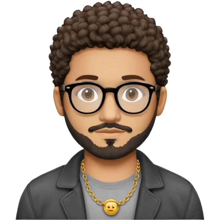 Hombre latino piel marron claro, cara ovalada, gafas redondas oscuras, barba corta, pelo corto rizado. Sonrisa leve, expresión tranquila. Camiseta gris, jacket negro abierto, collar dorado emoji