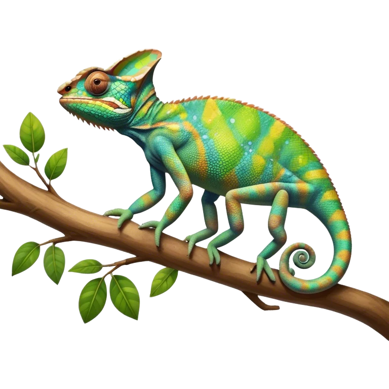 Giant chameleon on a branch, blending with vibrant greenery. Detailed scales in shifting colors, showing the chameleon’s ability to camouflage. Soft natural light highlights its texture. Nature background with leafs aтв адщцукы. Lush jungle background with vivid foliage, transparent background. emoji